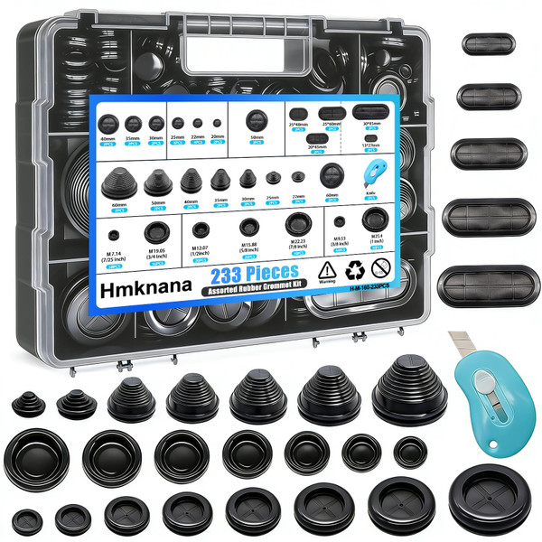 Hmknana 233Pcs Rubber Grommet Kit 4 Styles Closed Firewall Grommet 27 Sizes Rubber Hole Plugs Metric & SAE Rubber Grommets for Wiring, Automotive, Plumbing, Electrical