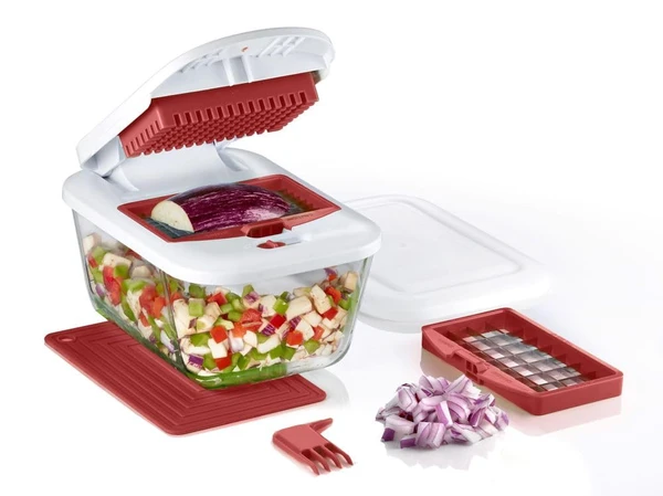 Valore Vegetable Chopper with 11-Cup Glass Food Container – Heavy Duty Food Chopper with 2 Stainless Steel Blades – Large French Fry Cutter for Fruits & Vegetables