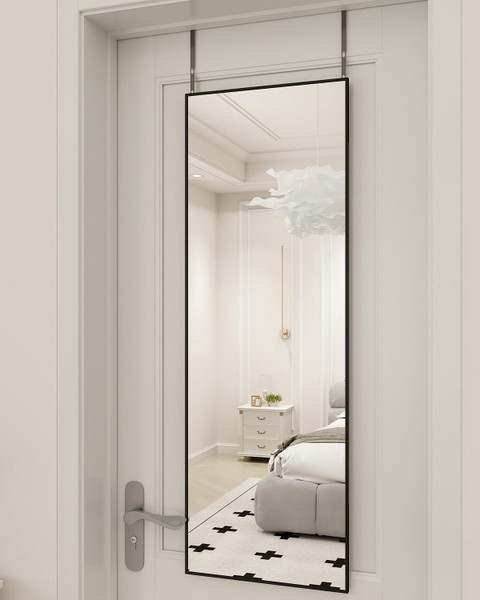 BEAUTYPEAK 16" x 50" Adjustable Height Over The Door Mirror, Full Length Hanging Door Mirror with Shatterproof Tempered Glass Aluminum Alloy Frame for Bedroom, Living Room, Bathroom, Dorm, Black