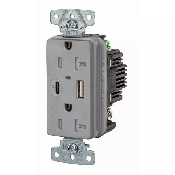 Bryant Electric 20-Amp, 125-Volt USBB20ACPDGY Type A and C USB in-Wall Charger Outlet,Tamper-Resistant, Gray