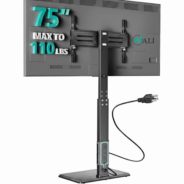 WALI Floor TV Stand with Power Outlet, Tall TV Stand Mount for 32-75 inch TV up to 110 lbs, Swivel and Height Adjustable TV Stands with Wood Base for Bedroom, Living Room(TVDVD-7P), Black