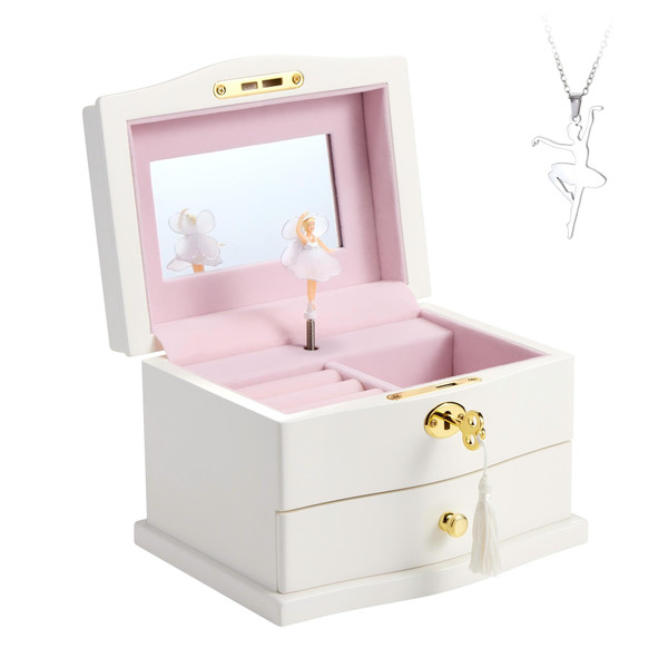 Lihou PapaQ White Ballerina Musical Jewelry Box for Girls, Wooden Jewelry Storage Chest with Mirror, Lock & Double Drawer, Spinning Ballerina Music Box, Ideal Kids Gift for Christmas & Holidays