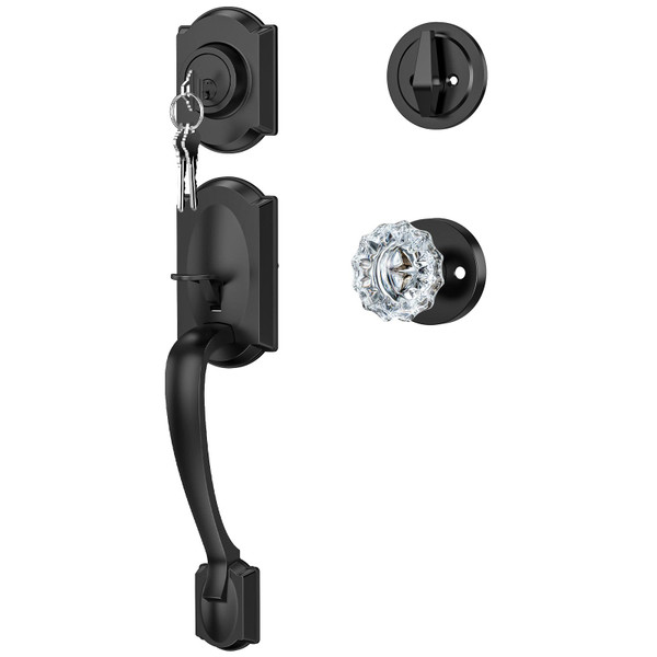 Calzibeno Vintage Black Front Door Handle and Deadbolt Set, Front Door Lock Set with Crystal Glass Door Knob, Entry Door Lock Set with Single Cylinder, Reversible for Right & Left, Matte Black