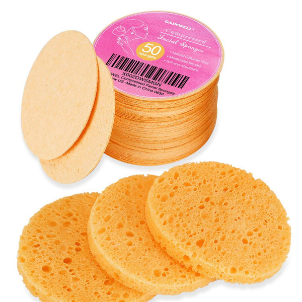 50-Count Compressed, GAINWELL Cellulose, 100% Natural Cosmetic Spa sponges for Facial Cleansing, Exfoliating Mask, Makeup Removal 50-Count Compressed, GAINWELL Cellulose, 100% Natural Cosmetic Spa sponges for Facial Cleansing, Exfoliating Mask, Makeup Removal
