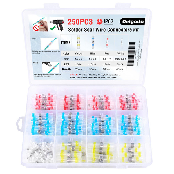 Delgada 250PCS Marine Heat Shrink Wire Connectors - Solder Seal Butt Terminals for Marine, Automotive - Corrosion and Weatherproof - Self-Solder Insulated Splice Terminals