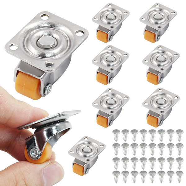 Murtenze 8PCS Mini Swivel Caster Wheels 1/2 inch Small Caster Wheels, Low Profile Self Adhesive Caster Wheel Steel Top Plate for Small Appliances, Furniture, Toy Cart Storage Boxes & Bins(Orange)