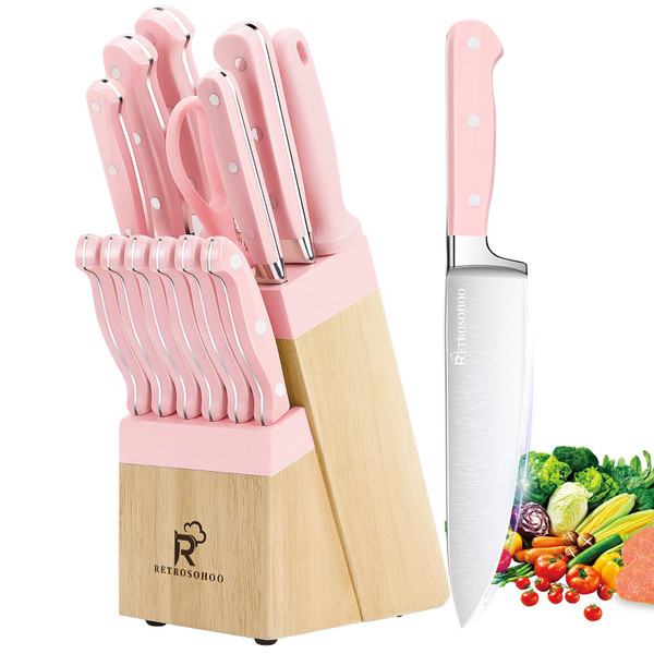 Pink Knife Set,14 Pieces Professional Kitchen Knife Set with Universal Knife Block, Super Sharp Knife Set with Ergonomic Handle Non-stick Stainless Steel Knife Block Set (Pink-14 Pieces)