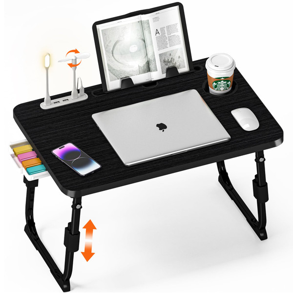 Lap Desk for Bed, Adjustable Laptop Desk with USB Charging Port, Storage Drawer & Bookshelf — Foldable Bed Desk for WFH & Students, 23.6" Desktop Fits 17" Laptop, Non-Slip, Black