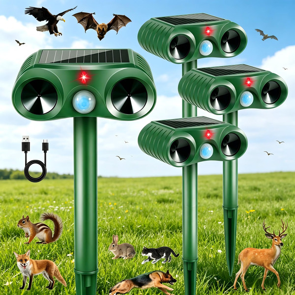 Solar Ultrasonic Animal Repeller 4 Pack Sonic Fortress Pro Deer Repellent Cat Deterrent Outdoor Squirrel Skunk Coyote Rabbit Deterrents Raccoon Repellent