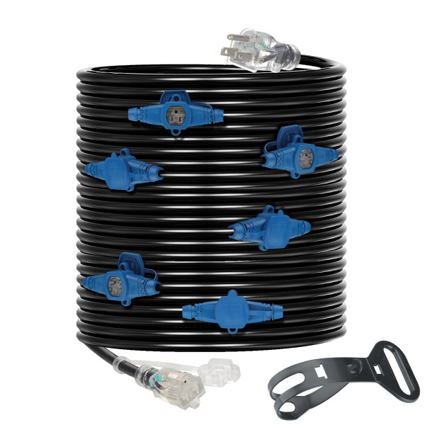 30 Feet Multi Outlet Extension Cord 12 Gauge,7 Nema 5-15R Evenly Spaced Outlets with Blue Indicators,Male Plug to Female Connector,Erboelec,ETL Listed
