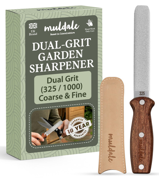 Muldale Garden Tool Sharpener - Dual Grit Titanium File with Leather Strop