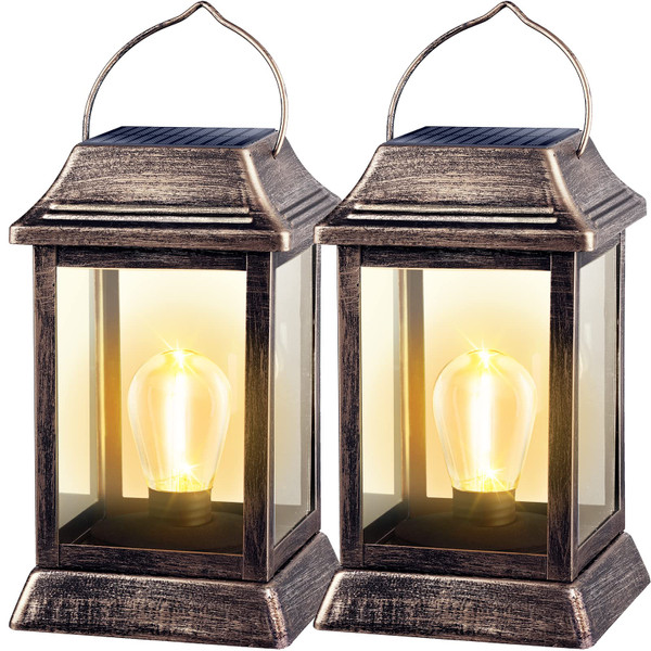 UBright Metal Solar Lantern Lights Outdoor Waterproof Hanging Solar Lights for Outside Garden Lights for Patio Yard LED Bulb 2 Pack