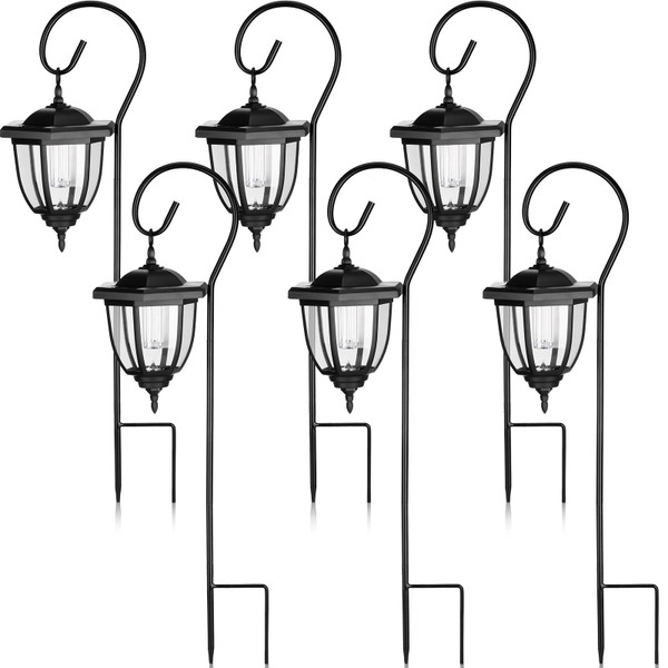 Retisee 6 Pcs 34" Hanging Solar Lantern Lights with Dual Use Shepherd Hooks Outdoor LED Garden Lanterns Decorative Waterproof Pathway Solar Coach Lights for Garden Patio