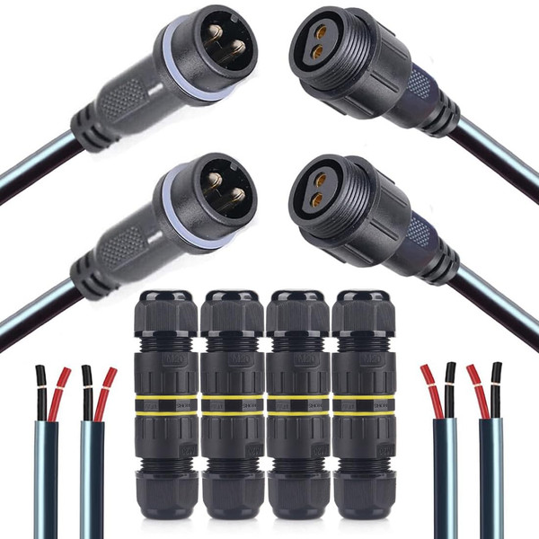 QOFOWIN 2 Pin Electrical Connector，Male Female 12AWG 2wire Waterproof Connector with 4PCS M20 Plug-in Connectors Suitable for Car,Truck,Boat,Indoor/Outdoor LED Strip Lights/String