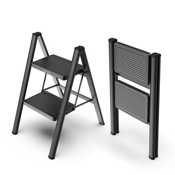 WOA WOA Step Ladder for Home, Foldable Step Stool for Kitchen with Non-Slip Pedals, Sturdy Ladders Supports up to 330 lbs, Compact and Portable - 2 Step/Black
