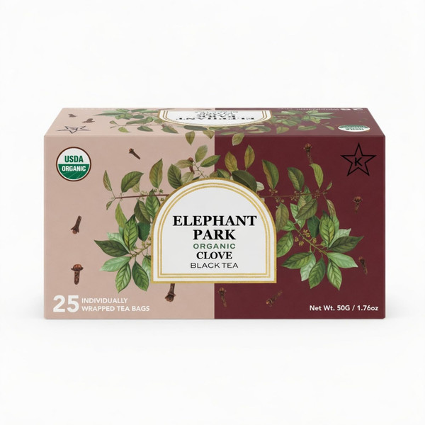 Elephant Park Premium Organic Single Origin Clove Black Ceylon Tea Bags 25 Count Individually Wrapped Herbal, All Natural Full Bodied Aromatic Flavor - Caffeinated (2 Gram Teabags)