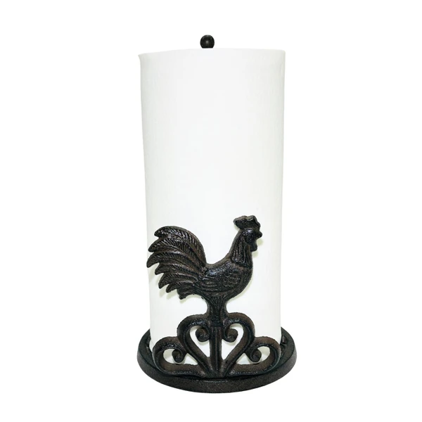 Decoronix Rustic Elegance Cast Iron Rooster Paper Towel Holder - Freestanding 12" Kitchen Countertop Accessory with Farmhouse Charm - Antique Brown, Country Style Decor
