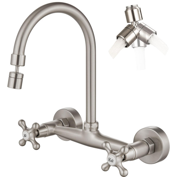 Airuida Wall Mount Kitchen Faucet with Sprayer Wall Mounted Kitchen Sink Faucet Double Cross Handles 360 Degree Swivel Spout Restaurant Mixer Tap Commercial 8 Inch Center-Brushed Nickel