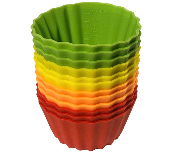 12 Pack Measured Baking Cups Jumbo Silicone Muffin Cup Reusable Non-Stick Liners Easy To Read Measurements Four Colors Flexible Durable Microwave & Dishwasher Safe by Baking Made Easy