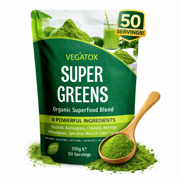 Vegatox Super Greens Powder 250g | Ultimate Immune Support | Green Powder Superfood for Immunity, Energy and Detox | Vegan, 100% Natural & Alkaline | 50 Servings