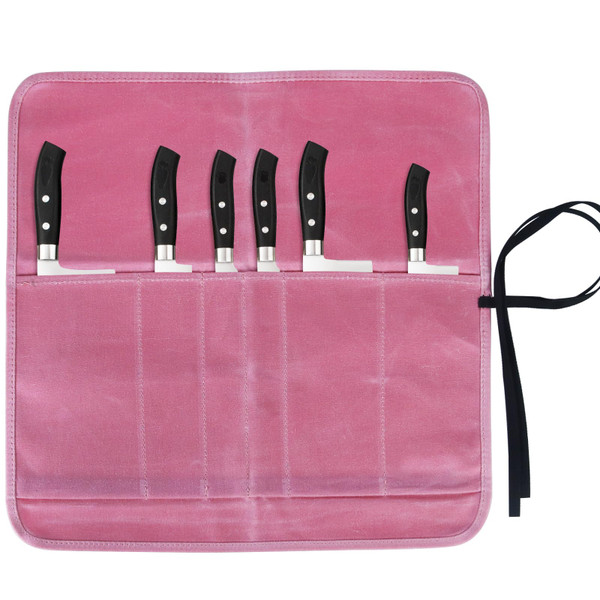JOINDO Knife Roll Bag, Chef’s Knife Roll Bag, Heavy Duty Chef Knife Roll Bag with 6 Slots, Waxed Canvas Knife Bag Roll, Knife Pouch Holder for Home Kitchen Travel Camping,Pink