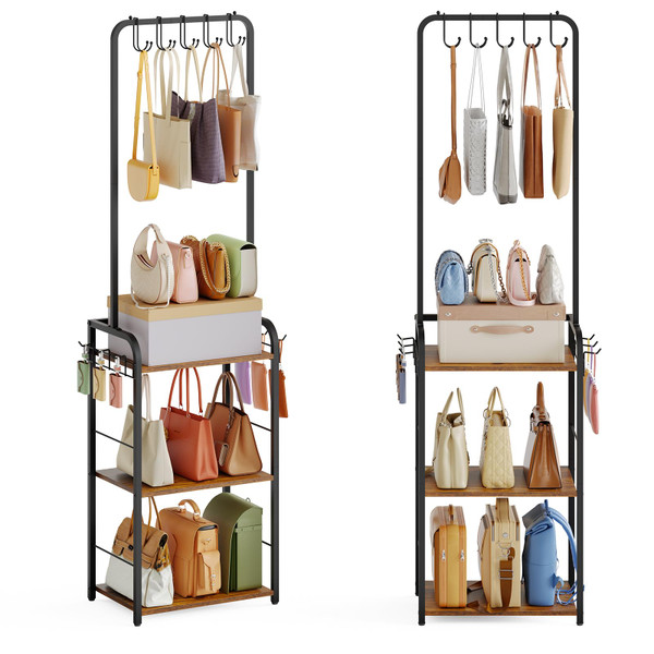 Floor-Standing Purse Organizer for Closet with 5 Hangers & 6 Side Hooks, Tall Purse Rack Stand for Purse Storage, High-Capacity Handbag Organizer, Multi-Purpose Purse Storage Organizer for Small Place