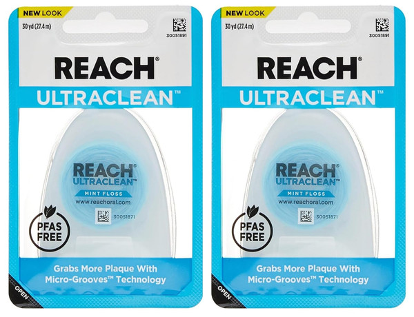 Reach Listerine Ultraclean Dental Floss, Plaque Remover, Shred Resistant, Waxed, Gentle on Gums & Teeth, Mint, PFAS-Free, Fresh Breath, Oral Care, for Adults & Kids, 30 yds - Pack of 2