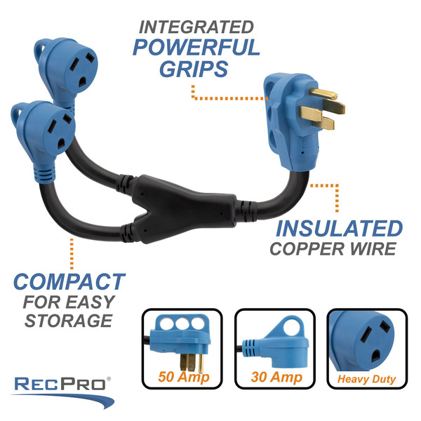 RecPro RV 50 Amp to 30 Amp Splitter | Shore Power Adapter | 50A Male to ...
