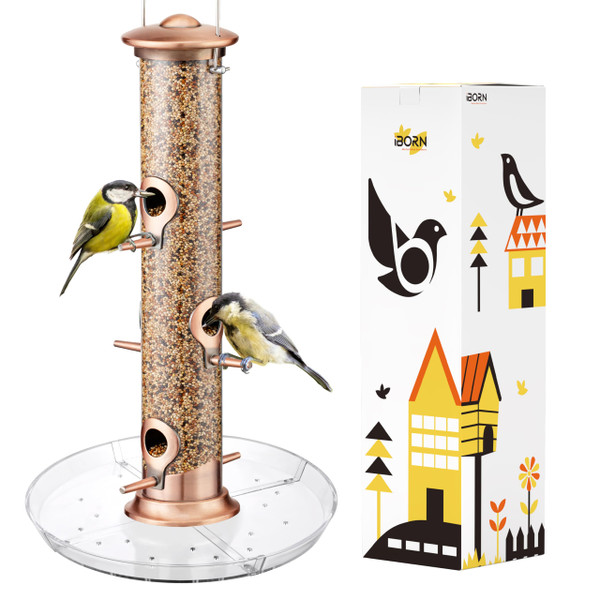 iBorn Bird Feeders Seed Catcher for Outside Hanging 6 Port Bird Feeder for Cardinal Birds Aluminium Metal,Brushed Copper Finishing 14 Inch 6 Port (Seed is not Included)