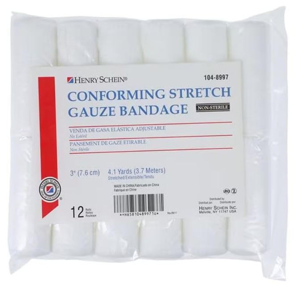 Henry Schein Conforming Stretch Gauze Bandage, 3" x 4.1 Yards, 1Pack, 8 ply, Non-Sterile (12) Henry Schein Conforming Stretch Gauze Bandage, 3" x 4.1 Yards, 1Pack, 8 ply, Non-Sterile (12)
