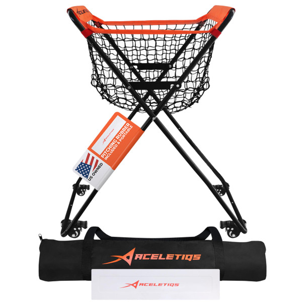 ACELETIQS Baseball Softball Portable Batting Practice Ball Caddy, Use During Training and Drills, Save Your Back No More Bending, Holds up to 60 Baseballs, Instant Setup (4 Leg with Wheels)