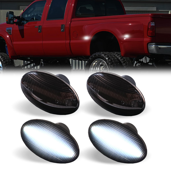 DERMOKA LED Dually Bed Fender Side Marker Lights For 1999-2010 Ford F250 F350 F450 F550 Super Duty Trucks Smoked Len (White Led)
