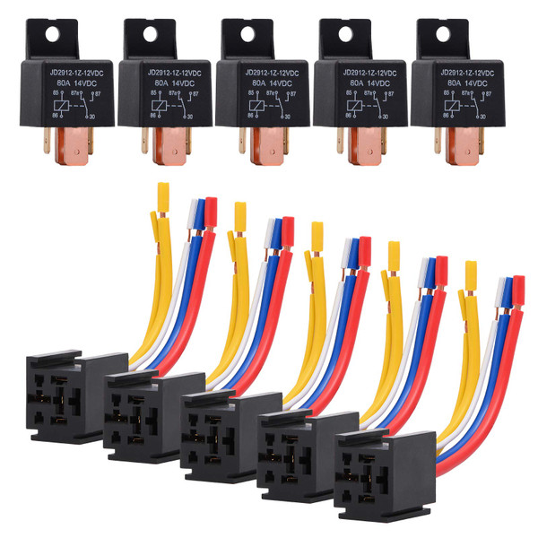 EHDIS 5 Packs Car Relay with Harness Truck Motor Heavy Duty 5-Pin 80A 12V On/Off Normally Open SPDT Relay Socket Plug 5 JD2912-1Z-12VDC 80A 14VDC