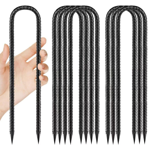 Rebar-Stakes-12-Inch, Ground Stakes Heavy Duty U-Hook Black Coated Anti-Rust Heavy Duty Ground Anchors for Garden Dog Fence Chicken Coop Christmas Decorations Deer Fence 8pcs