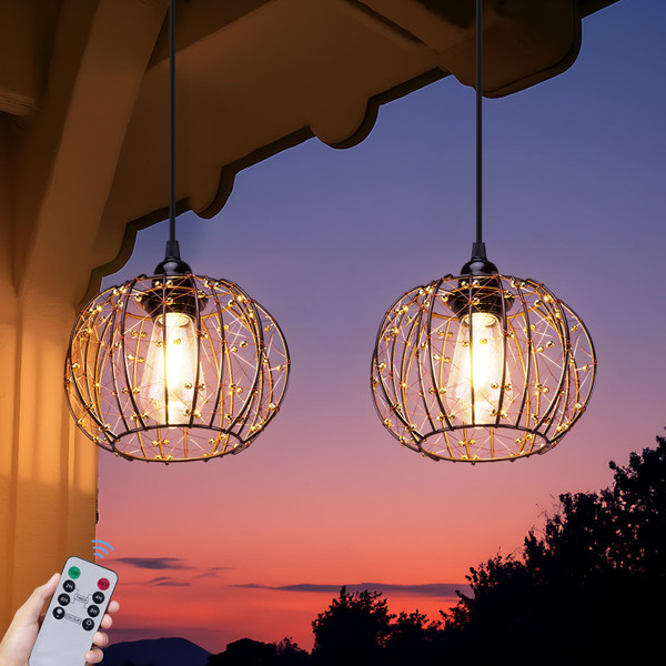 ALL FORTUNE Battery Operated Hanging Chandelier Outdoor, Set of 2 with Remote, No Wiring, Boho Copper Wire Beaded Pendant Light, IP55 Weatherproof, Dimmable Timer, for Gazebo Pergola Porch Patio Decor