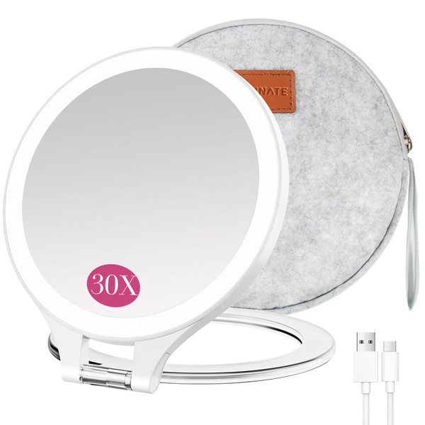 Magnifying Mirror with Light 30X/1X, Double Sided travel mirror with light, Rechargeable makeup mirror with 3 color setting Adjustable stand Lighted mirror Vanity Portable Desk Cosmetic Mirror