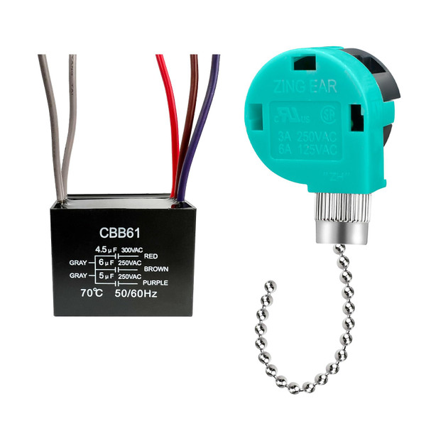 YukiHalu Ceiling Fan Pull Chain Switch 3 Speed 4 Wire, Ceiling Fan Capacitor CBB61 4.5uf + 6uf + 5uf 5 Wire 250V, Light Switch for Fan and Light(Nickel)