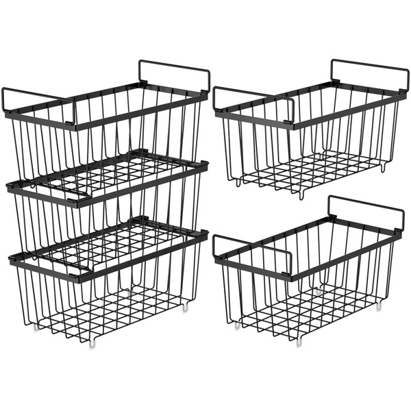 iSPECLE Deep Freezer Organizer Bins, 5 Pack Chest Freezer Baskets for 7 Cu.Ft, Stackable Wire Chest Freezer Organizer Bins for Small Food, Strong Metal with Handles for Meat and Veggies, Black