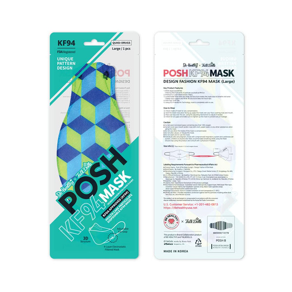 Be Healthy [Pack of 10] Posh KF94 Mask - Chicago (B03) (MADE IN KOREA), Navy, Light Blue, Light Green, Large
