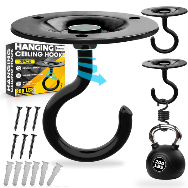 [UPGRADED] 2Pcs 200LBS Rotatable Ceiling Hooks Black Firmly Wall Mount Metal Hangers Round Ceiling Hook for Hanging Hanging Plants, Bird Feeder, Lights, Bed Canopy, Wind Chime, Indoor Outdoor Decor