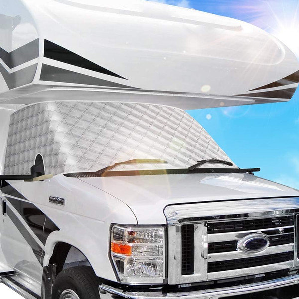 BougeRV RV Windshield Window Snow Cover for Class C Ford E450 1997-2026 Motorhome, Windshield Cover for Ice and Snow RV Front Window Sunshade Cover RV Accessories 4 Layers with Mirror Cutouts Silver