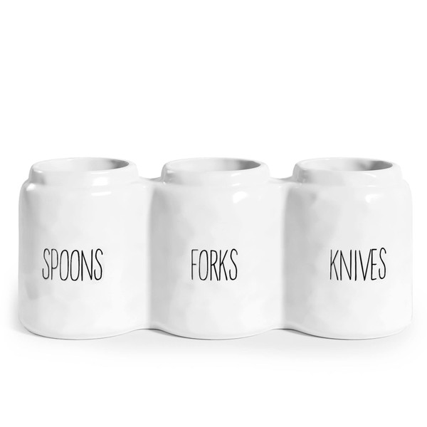 Barnyard Designs Ceramic Silverware Caddy Utensil Holder 12.5” x 5” (White)