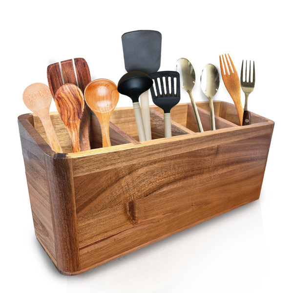 Dstuff Large Kitchen Utensil Holder Organizer for Counter or Countertop, Wooden Storage Container for Cooking and Silverware, Acacia Rustic Wood (4 Compartments)