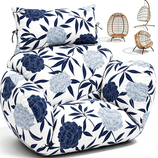 Uthem Waterproof Egg Chair Cushion Replacement 47x31.5x4.7 inch Thicken Hanging Egg Swing Chair Cushion Indoor Outdoor Wicker Rattan Hammock Basket Cushion with Headrest Pillow, Blue Enchantress