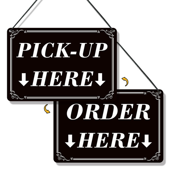 1PC Order Here Pick Up Here Signs, Double-Sided Durable PVC Modern Order Here with Arrow Hanging Sign for Restaurant, Cafes, Bakery, Ice Cream Stand And Bars Counter