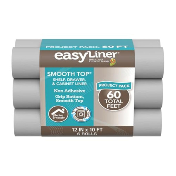 Smooth Top EasyLiner for Cabinets & Drawers, Easy to Install, Shelf Paper & Drawer Liner Non Adhesive, Non Slip Shelf Liner for Pantry, Kitchen Essentials, 12 in x 10 ft (6 Pack), 60 ft, Gray