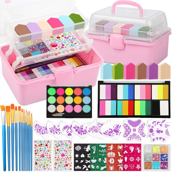 Face Painting Kit with Organizer Box - Rainbow Color Non Toxic & Washable Face Paint Set with Stencils, Brush & Gems Party Makeup for Halloween, Carnival & Costume