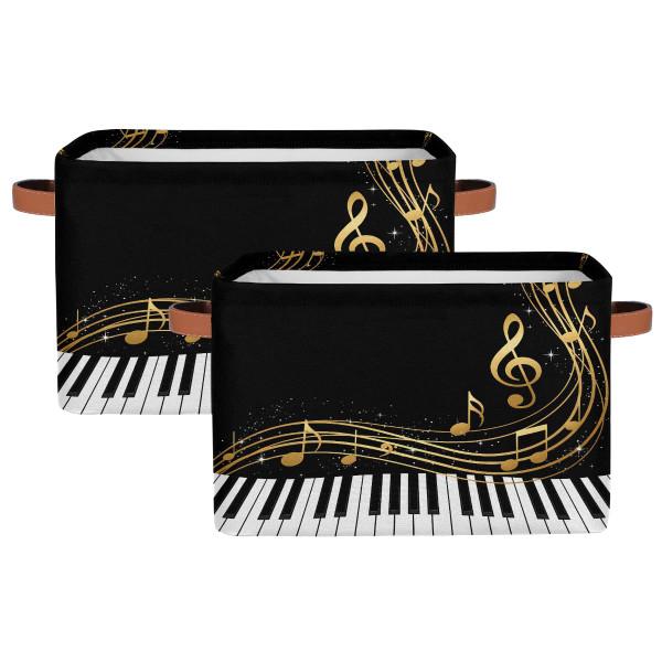 AUUXVA Storage Basket Piano Keyboard Music Note Art Storage Cube Box Set of 2 Durable Canvas Collapsible Toy Basket Organizer Bin with Handles for Shelf Closet Bedroom Home Office