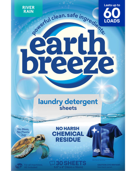 Earth Breeze Laundry Detergent Sheets River Rain - 60 Loads - Eco Laundry Sheets - Travel Laundry Detergent Soap Sheets for Hot & Cold Cycles - Tackles Tough Stains & Odors - Gentle on Skin, 30 Ct