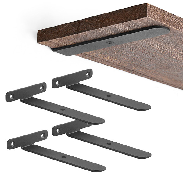 Mkono 4 Pack Shelf Brackets Black Heavy Duty Metal Hidden L Bracket for Shelves Support, Minimalistic Floating Shelf Bracket 4 Inch Rustic Industrial Wall Shelf Brackets